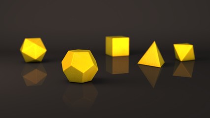 Group of Platonic bodies, yellow stone with a matte and glossy surface. Polygonal shapes, polyhedra...