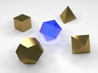 Image, illustration of Platonic bodies, polyhedra of geometric shapes on a dark background of gold and one glowing blue, glass. 3D rendering, abstraction, background.