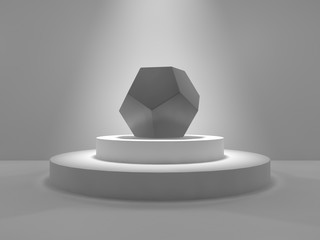 Dodecahedron in the Studio on a pedestal illuminated by the glow of light. Dodecahedron made of metal, silver, platinum, shiny. The idea of superiority. 3D rendering