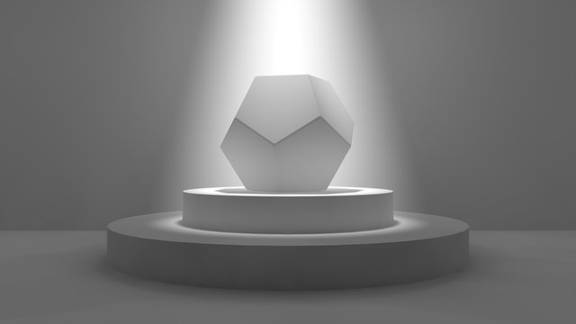 Dodecahedron in the Studio on a pedestal illuminated by the glow of light. Dodecahedron made of metal, silver, platinum, shiny. The idea of superiority. 3D rendering