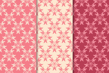 Set of cherry red floral designs. Vertical seamless patterns