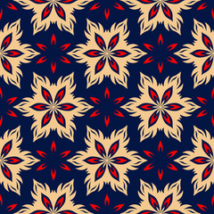Blue seamless background. Floral beige and red pattern