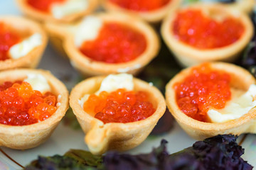 Tartlets with red caviar and butter close