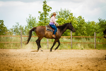 Cowgirl doing horse riding on countryside meadow