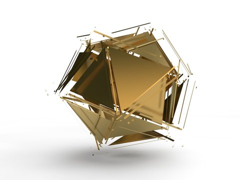 Blast gold multifaceted polygonal geometric shapes, fragmentation into numerous fragments, fragments in space. Illustration on white isolated background. 3D rendering