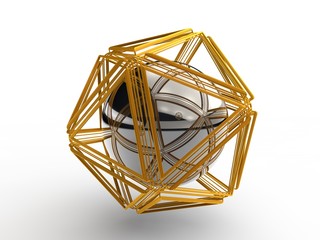 Golden sphere, a ball in a grid of gold, a polyhedron, a polygonal figure. The idea of beauty and mystery. 3D rendering