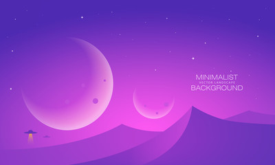 Minimalist vector landscape background, abstract sunset surface and a planet for your design.