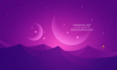 Selbstklebende Fototapeten Violett Minimalistischer Vektorlandschaftshintergrund, abstrakte Sonnenuntergangsoberfläche und ein Planet für Ihr Design.  © samserius
