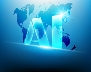 AI Letter Artificial intelligence with World map cyber data digital connection business system concept.Vector illustration