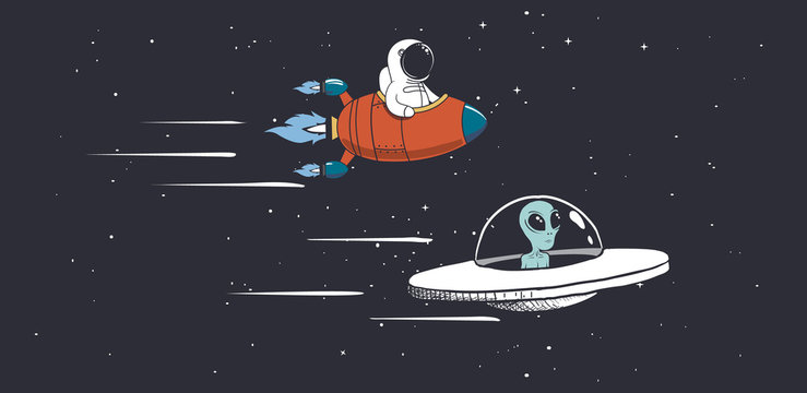 Alien and astronaut are engaged in races in outer space.Vector illustration