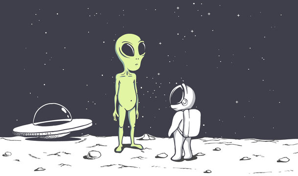 meeting of an alien and an astronaut on Moon.Space friends.Vector illustration