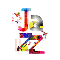 Jazz music typographic colorful background vector illustration. Artistic music festival poster, live concert, creative banner design. Word jazz