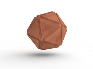 The icosahedron bronze, copper-colored, abstract image of geometric shapes isolated on white background. Illustration of the idea. 3D rendering