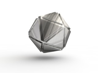 Icosahedron silver, with reflections and relief, abstract geometric shape image isolated on white background. Illustration of the idea. 3D rendering