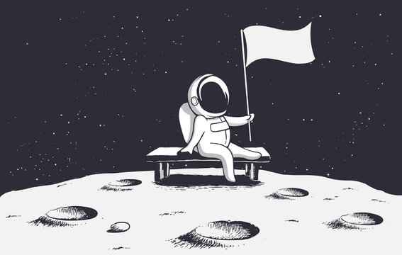 Astronaut, sitting on a bench on the moon, holds a flag.Space vector illustration