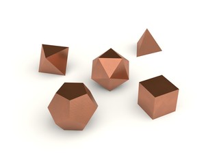 geometric shapes octahedron, tetrahedron, hexahedron, dodecahedron, icosahedron in bronze and copper, set, white background, isolated. 3D rendering