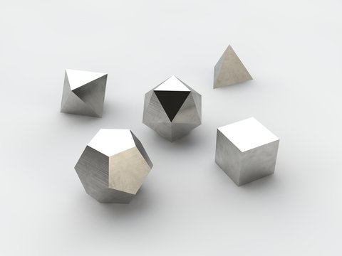 geometric shapes octahedron, tetrahedron, hexahedron, dodecahedron, icosahedron in silver and platinum, steel chrome plated, set, white background, isolated. 3D rendering