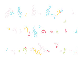 Fototapeta premium Music Notes Confetti Falling Chaos Vector. Music Symbols Texture Poster Background Elements. Party Night, Festival, Celebration or Concert, Melody Notes Trail. Decorative Song Sheets Chaos Effect.