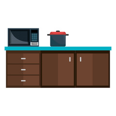 kitchen drawer with microwave oven and pot