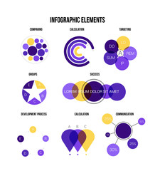 Infographic Elements, Global Data Visualisation Vector Set. Rating, Target, Circle Diagram, Pie Chart Modern Clean Design. Education, Technology, Annual Report, Business Data Cool Infographic Elements