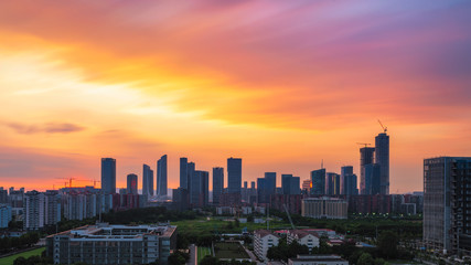 Fototapeta na wymiar Modern cityscape with beautiful sunset, in Nanjing, China