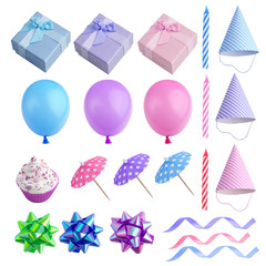 Set of birthday party elements isolated on white