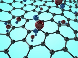 Illustration of graphene water filter with water molecules. Graphene crystal lattice. The idea of purity, ecology, health. 3D rendering on blue background.