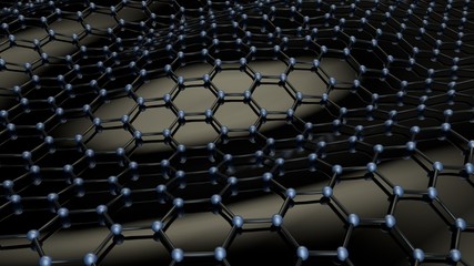 Fototapeta premium Illustration of a black crystalline carbon lattice. Abstraction, background. Graphene - material of the future, on a black background. The idea of superconducting and heavy-duty material. 3D rendering