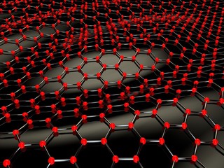 Fototapeta premium Illustration of a crystal lattice with red atoms. Graphene - material of the future, on a black background. The idea of superconducting and heavy-duty material. 3D rendering, abstraction, background.