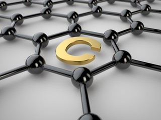 Illustration of black crystal graphene lattice, graphene film with Golden carbon symbol, with depth...