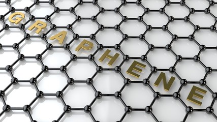 Illustration of a black crystal graphene lattice with Golden Graphene text. The idea of the prospect of graphene technologies. The isolated image on a white background. 3D rendering
