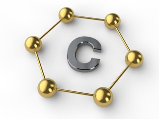 Illustration of a gold hexagon graphene molecule on a white surface and a carbon symbol in the center of a cell. The isolated image. The idea of advanced nanotechnology. 3D rendering