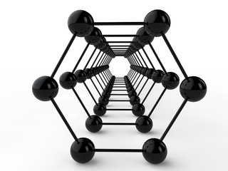 Illustration of a black hexagon graphene molecule. The idea of heavy-duty material, advanced technology. Graphene tunnel out of carbon. 3D rendering. Super battery and superconductor of the future.