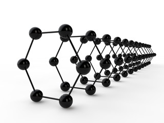 Illustration of a black hexagon graphene molecule. The idea of heavy-duty material, advanced technology. Graphene tunnel out of carbon. 3D rendering. Super battery and superconductor of the future.