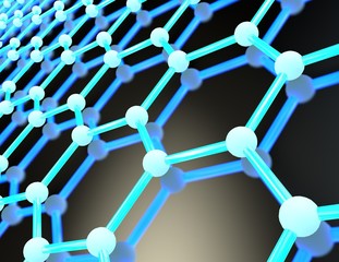 Illustration of a graphene crystal lattice with luminous carbon atoms, on a black surface. The idea of hydrocarbon nanotechnology. 3D rendering