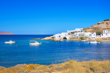 Beautiful small village at Kalafati beach with octopus drying in the sun, Mykonos island, Greece.