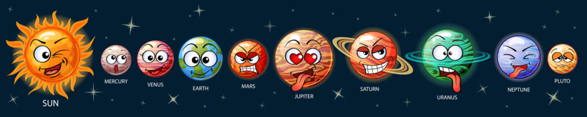 Cute emoji planets of the solar system. Sun, Mercury, Venus, Earth, Mars, Jupiter, Saturn, Uranus, Neptune, Pluto © alka5051
