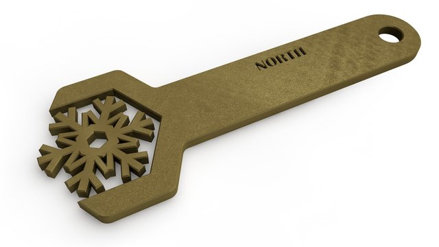 The image of a Golden spanner with a snowflake of gold, the idea of work, service and maintenance of refrigeration systems, air conditioners, equipment. 3D rendering, Illustration on white background.