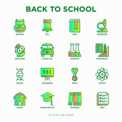 Back to school thin line icons set: backpack, bell, book, microscope, knowledge, owl, graduation cap, bus, chemistry, mathematics, biology, blackboard, physics, exam. Modern vector illustration.