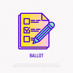 Ballot: document with mark and pencil thin line icon. Modern vector illustration.
