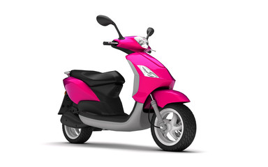 Fototapeta na wymiar 3D Rendering of pink modern motor scooter isolated on white background. Right side view of purple moped. Perspective