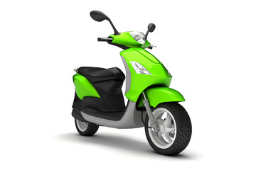 3D Rendering of light green modern motor scooter isolated on white background. Front side view of light green moped. Perspective