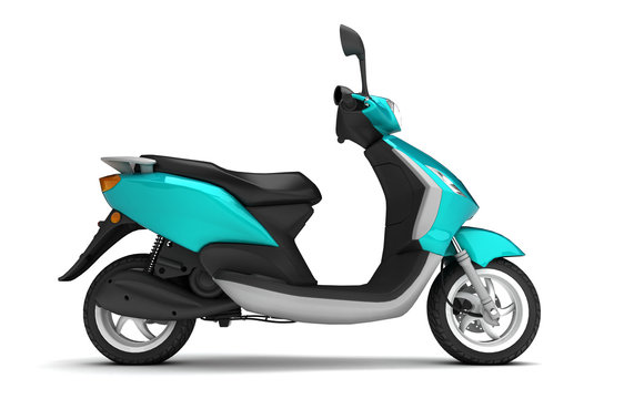 3D Rendering of turquoise modern motor scooter isolated on white background. Right side view of turquoise moped.