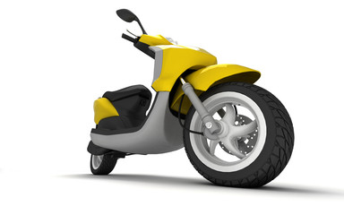 3D Rendering of yellow modern motor scooter isolated on white background. Bottom view of yellow moped. Perspective. Right side view.