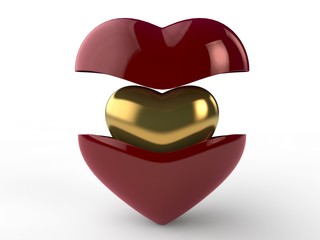 An image of a red heart is divided into two parts. Inside a hidden heart of gold. The idea of the holiday Valentine, day, love. 3D rendering