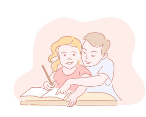 Two kids writting homework in worksheet. Hand drawn style doodle design. Vector illustration