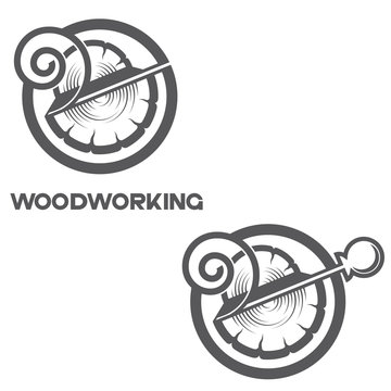 
an illustration consisting of an image of a chisel plowing a tree and the inscription "woodworking"