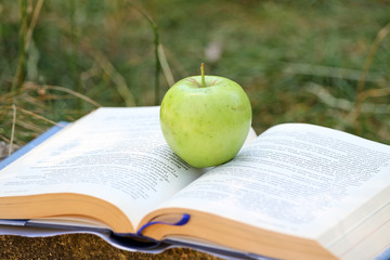 Fresh green apple on an open book outdoor in the grass. Time for school. Learn and healthy food concept. Apple and a book. Open schoolbook. Open manual and fruit outdoor. Nature and education. 