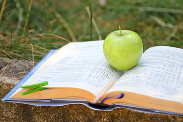 Fresh green apple on an open book outdoor in the grass. Time for school. Learn and healthy food concept. Apple and a book. Open schoolbook. Open manual and fruit outdoor. Nature and education. 