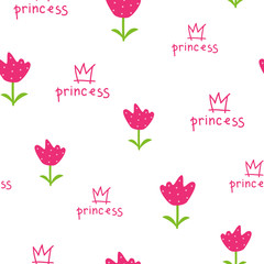 Seamless baby pattern with crown, flower. Little Princess. Creative background for fabric, textiles, wallpaper, clothing. Vector illustration for design.